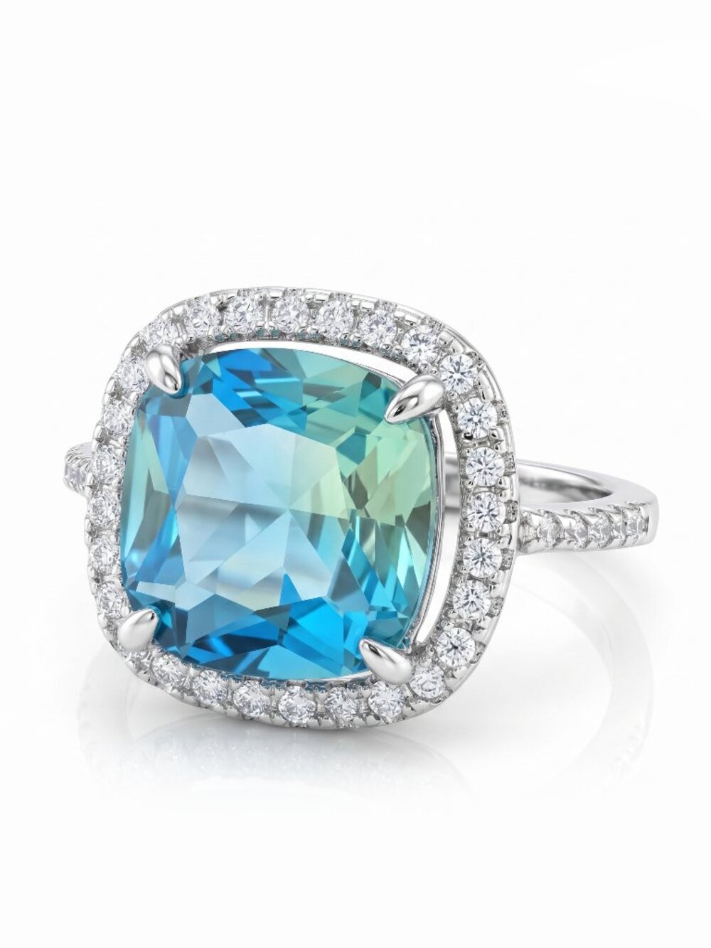Blue and Teal Aquamarine cushion square Gemstone ring, 925 Sterling Silver